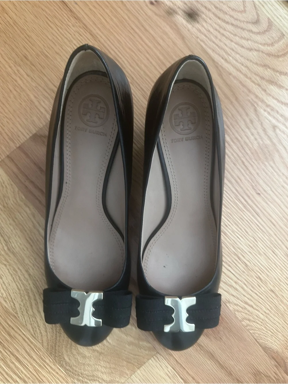 Tory Burch Black Leather Bow Flats with Gold Logo Accent